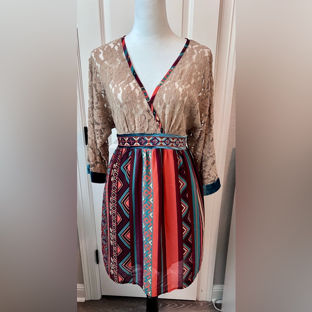 Flying Tomato Bohemian Hippie Lace and Patterned Dress Size S